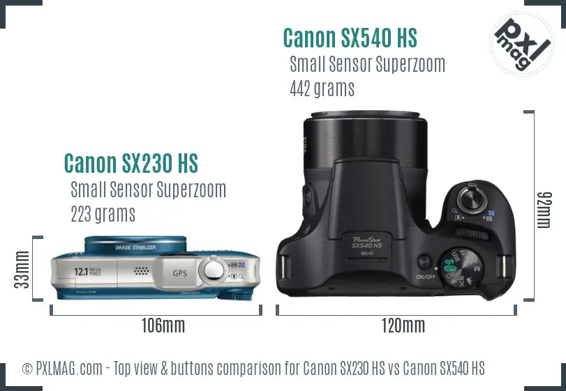 Canon SX230 HS vs Canon SX540 HS top view buttons comparison