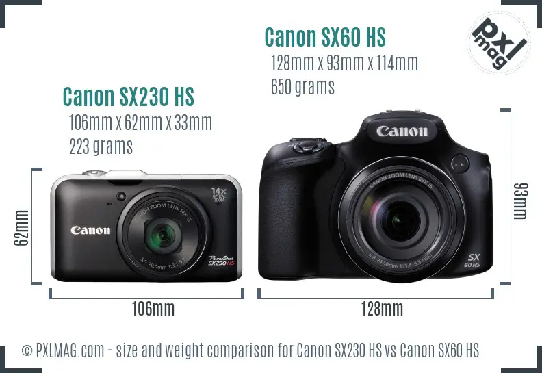 Canon SX230 HS vs Canon SX60 HS size comparison