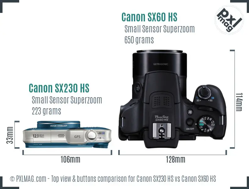 Canon SX230 HS vs Canon SX60 HS top view buttons comparison