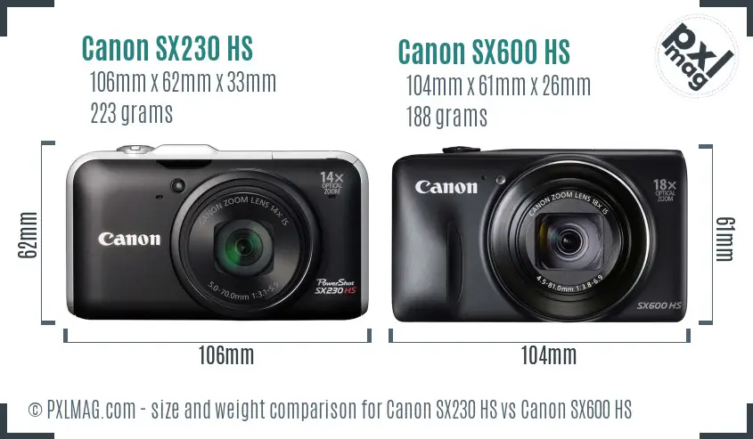 Canon SX230 HS vs Canon SX600 HS size comparison