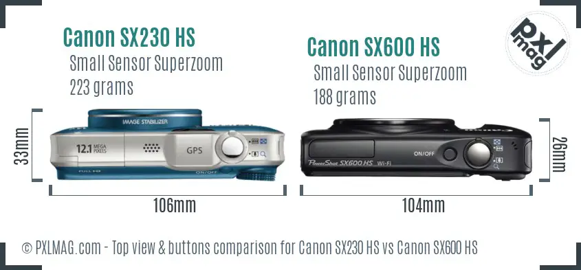 Canon SX230 HS vs Canon SX600 HS top view buttons comparison