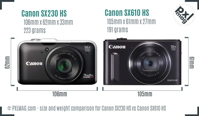 Canon SX230 HS vs Canon SX610 HS size comparison