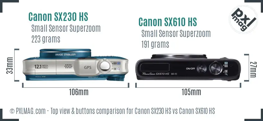 Canon SX230 HS vs Canon SX610 HS top view buttons comparison