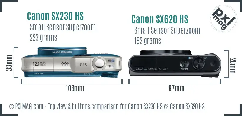 Canon SX230 HS vs Canon SX620 HS top view buttons comparison