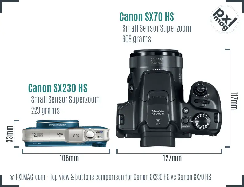Canon SX230 HS vs Canon SX70 HS top view buttons comparison