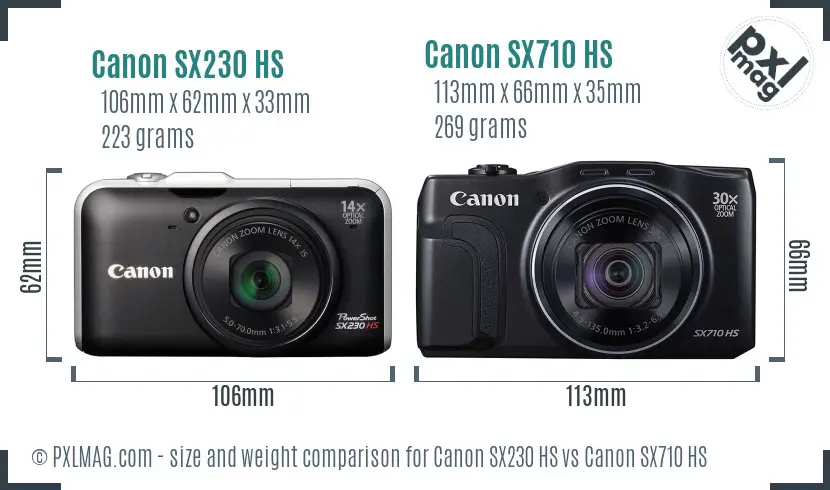Canon SX230 HS vs Canon SX710 HS size comparison