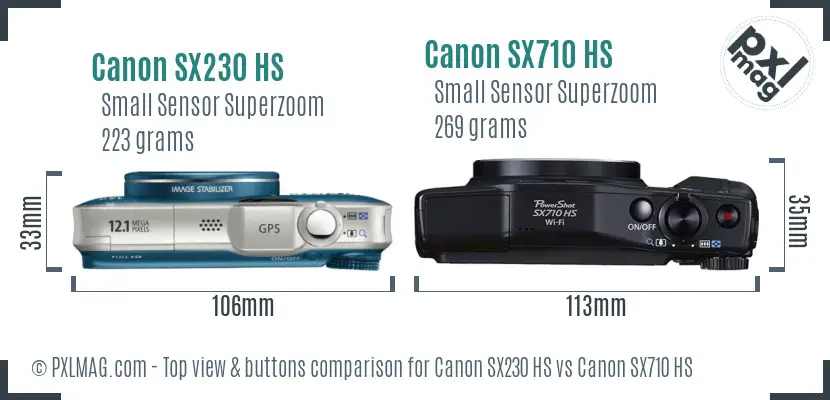 Canon SX230 HS vs Canon SX710 HS top view buttons comparison