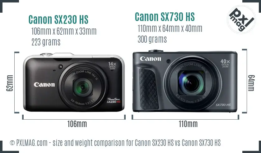 Canon SX230 HS vs Canon SX730 HS size comparison