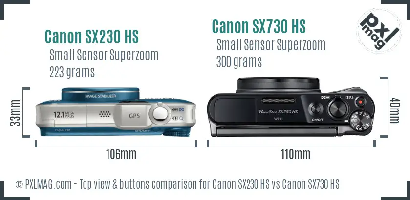Canon SX230 HS vs Canon SX730 HS top view buttons comparison