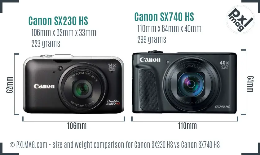 Canon SX230 HS vs Canon SX740 HS size comparison