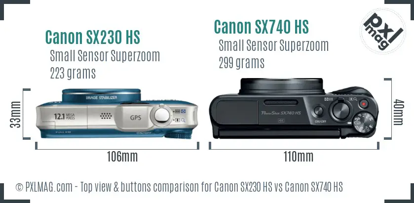 Canon SX230 HS vs Canon SX740 HS top view buttons comparison