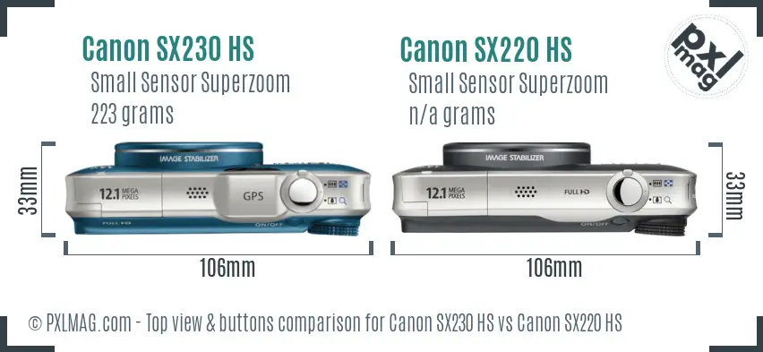 Canon SX230 HS vs Canon SX220 HS top view buttons comparison
