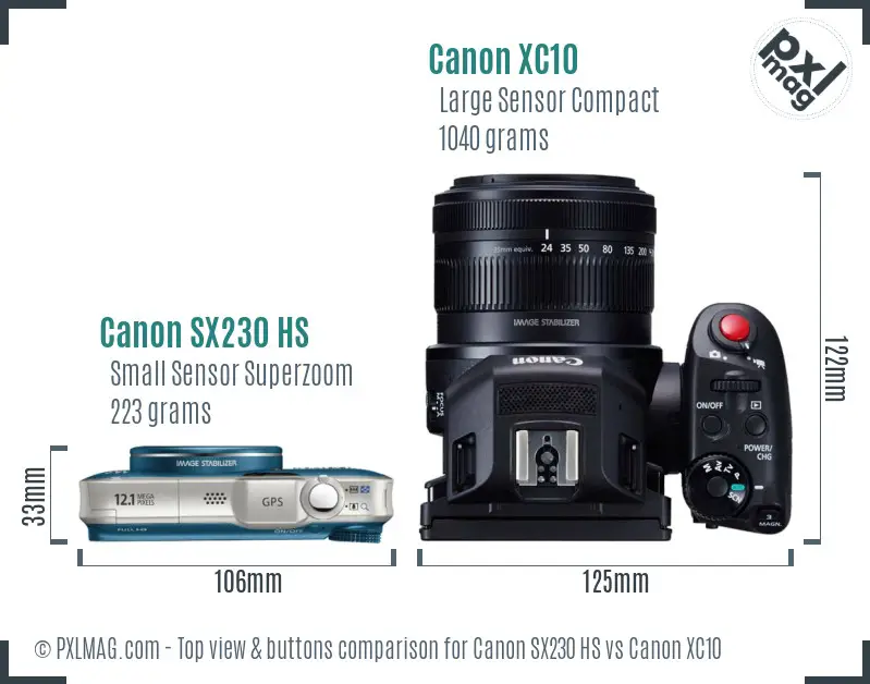 Canon SX230 HS vs Canon XC10 top view buttons comparison