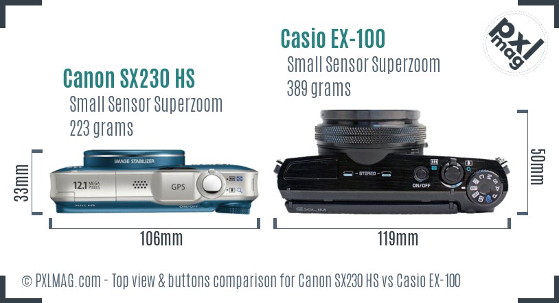 Canon SX230 HS vs Casio EX-100 top view buttons comparison