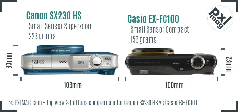 Canon SX230 HS vs Casio EX-FC100 top view buttons comparison