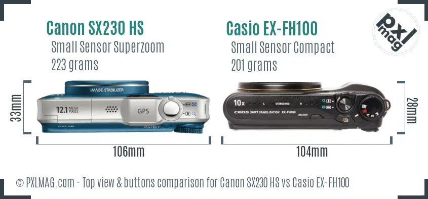 Canon SX230 HS vs Casio EX-FH100 top view buttons comparison