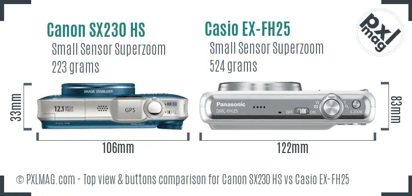 Canon SX230 HS vs Casio EX-FH25 top view buttons comparison
