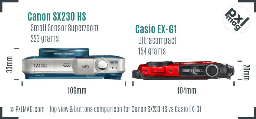 Canon SX230 HS vs Casio EX-G1 top view buttons comparison