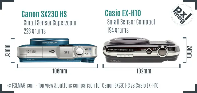 Canon SX230 HS vs Casio EX-H10 top view buttons comparison