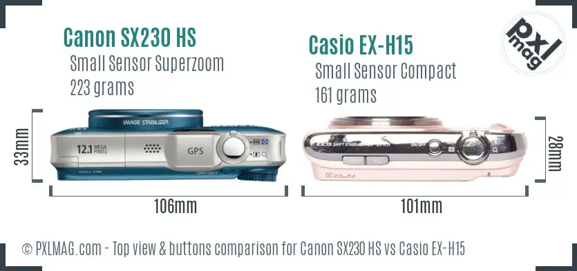 Canon SX230 HS vs Casio EX-H15 top view buttons comparison