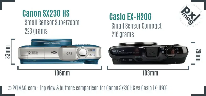 Canon SX230 HS vs Casio EX-H20G top view buttons comparison