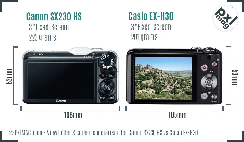 Canon SX230 HS vs Casio EX-H30 Screen and Viewfinder comparison