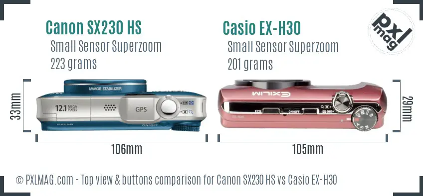 Canon SX230 HS vs Casio EX-H30 top view buttons comparison