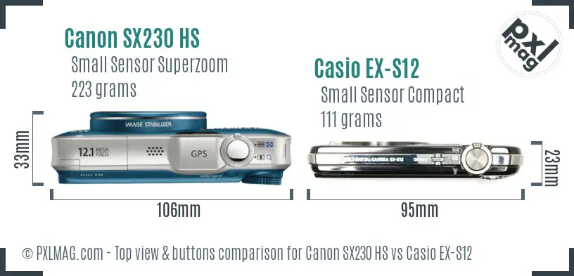 Canon SX230 HS vs Casio EX-S12 top view buttons comparison