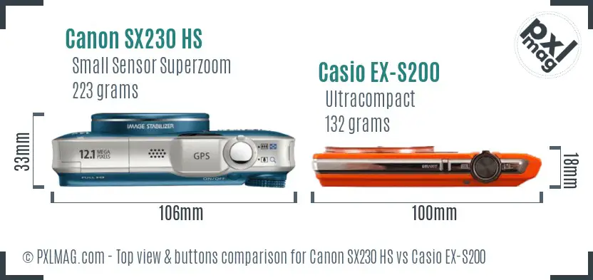 Canon SX230 HS vs Casio EX-S200 top view buttons comparison