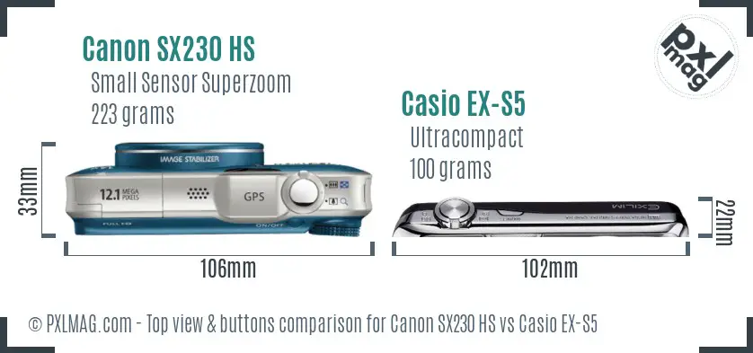 Canon SX230 HS vs Casio EX-S5 top view buttons comparison