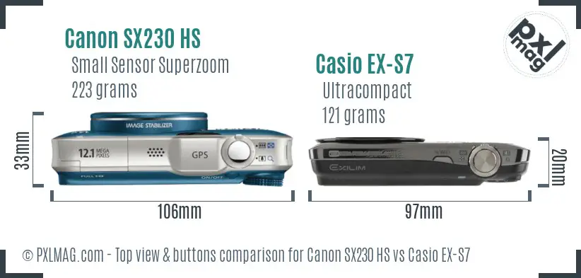 Canon SX230 HS vs Casio EX-S7 top view buttons comparison