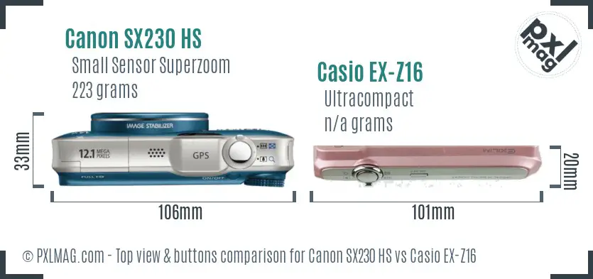 Canon SX230 HS vs Casio EX-Z16 top view buttons comparison Canon SX230 HS vs Casio EX-Z16 top view buttons comparison