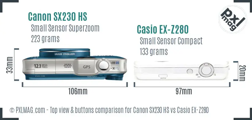 Canon SX230 HS vs Casio EX-Z280 top view buttons comparison