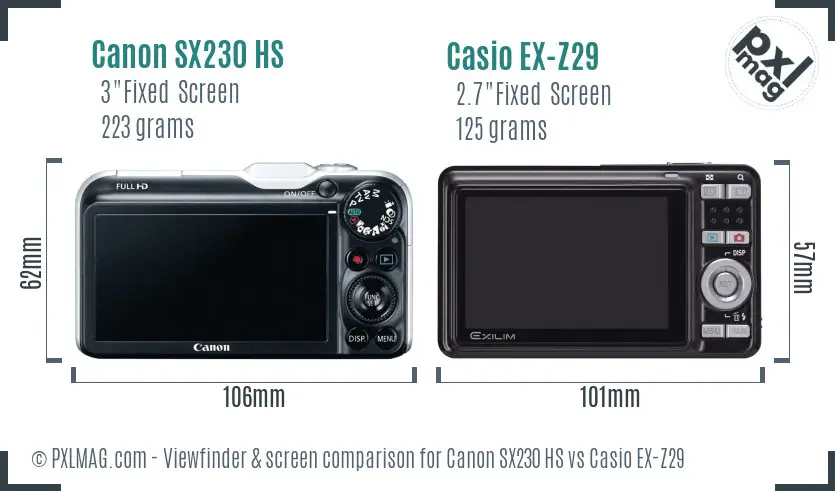 Canon SX230 HS vs Casio EX-Z29 Screen and Viewfinder comparison