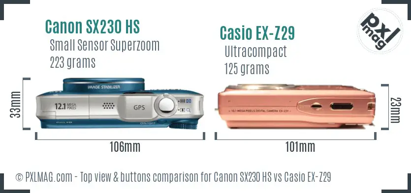 Canon SX230 HS vs Casio EX-Z29 top view buttons comparison