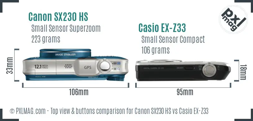 Canon SX230 HS vs Casio EX-Z33 top view buttons comparison