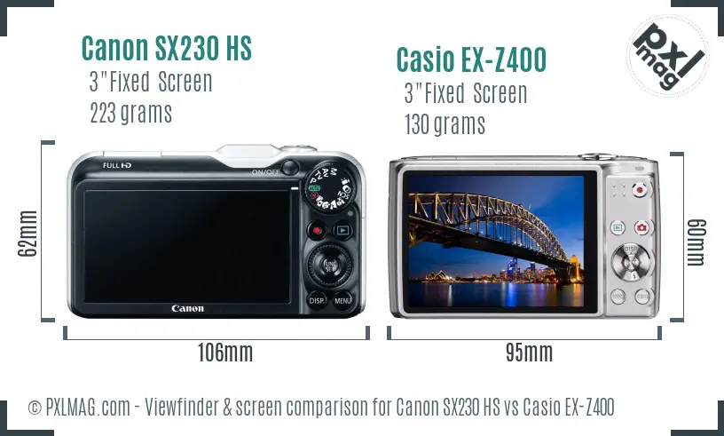 Canon SX230 HS vs Casio EX-Z400 Screen and Viewfinder comparison