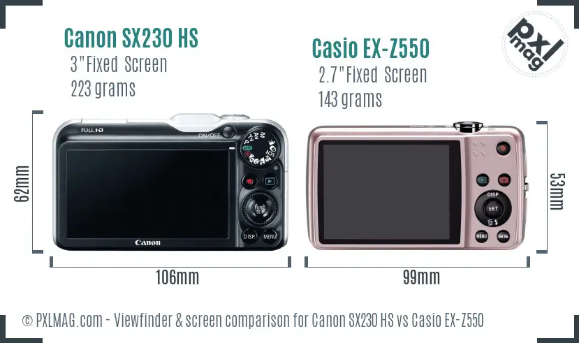 Canon SX230 HS vs Casio EX-Z550 Screen and Viewfinder comparison