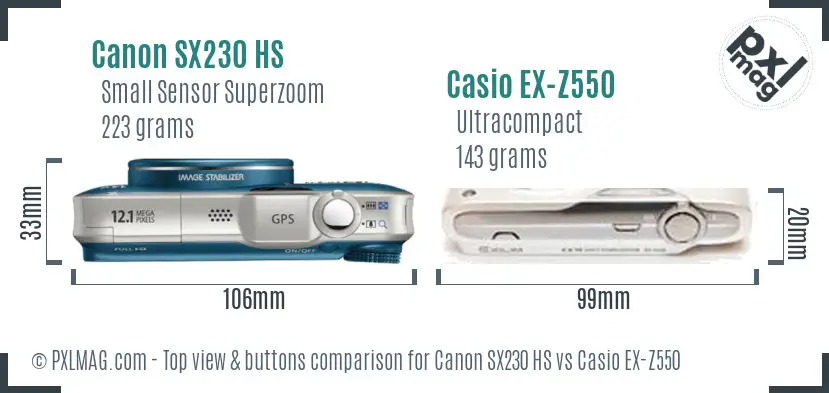 Canon SX230 HS vs Casio EX-Z550 top view buttons comparison