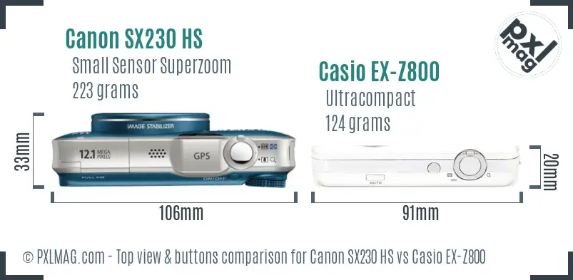 Canon SX230 HS vs Casio EX-Z800 top view buttons comparison