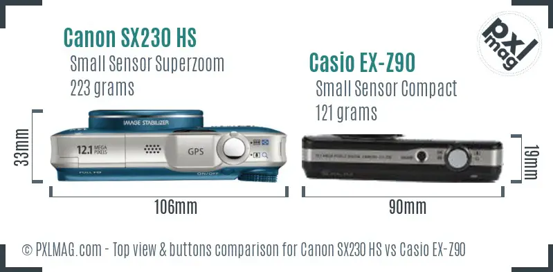 Canon SX230 HS vs Casio EX-Z90 top view buttons comparison