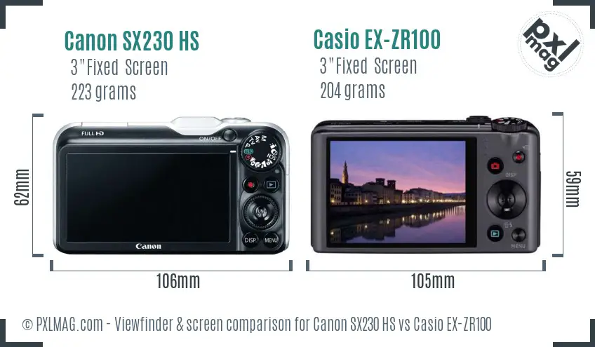 Canon SX230 HS vs Casio EX-ZR100 Screen and Viewfinder comparison