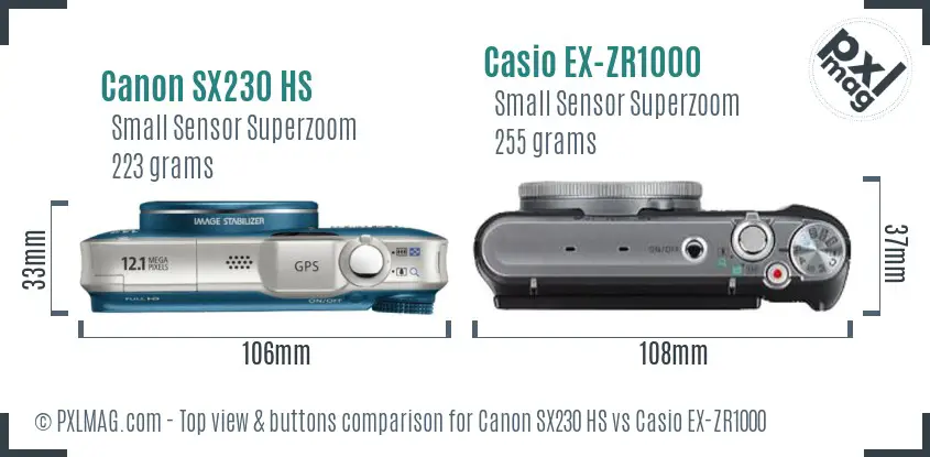 Canon SX230 HS vs Casio EX-ZR1000 top view buttons comparison