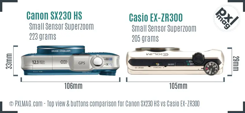 Canon SX230 HS vs Casio EX-ZR300 top view buttons comparison