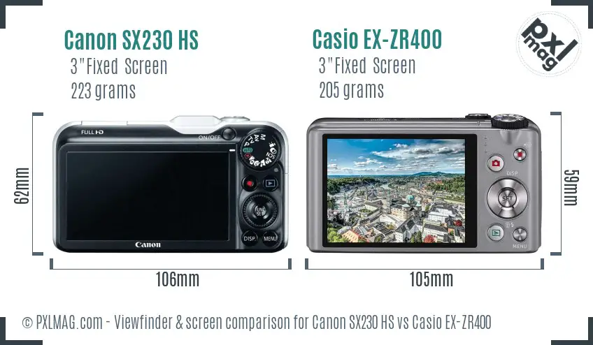 Canon SX230 HS vs Casio EX-ZR400 Screen and Viewfinder comparison