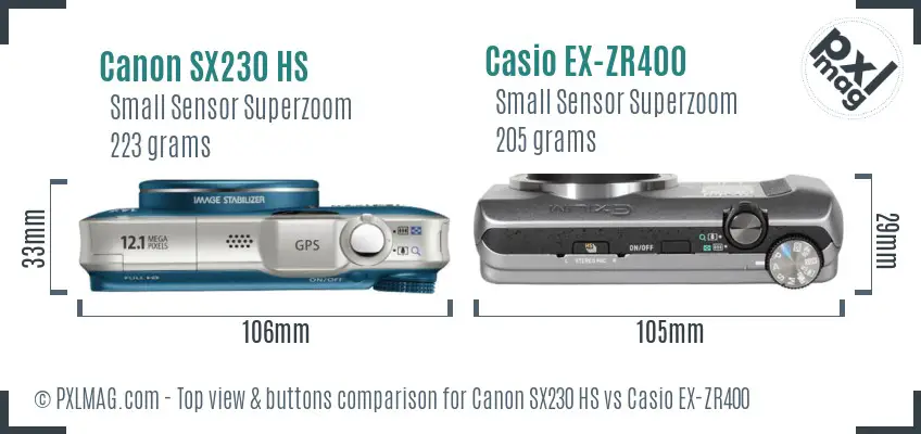 Canon SX230 HS vs Casio EX-ZR400 top view buttons comparison