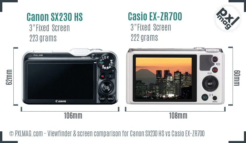 Canon SX230 HS vs Casio EX-ZR700 Screen and Viewfinder comparison