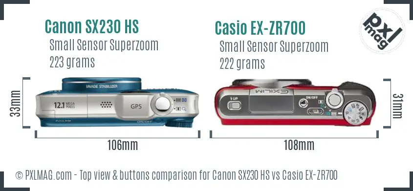 Canon SX230 HS vs Casio EX-ZR700 top view buttons comparison