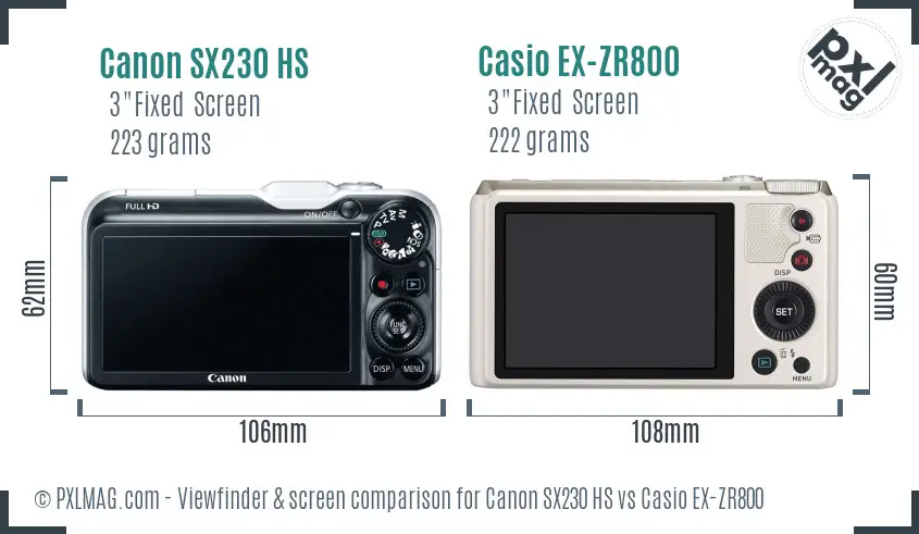 Canon SX230 HS vs Casio EX-ZR800 Screen and Viewfinder comparison
