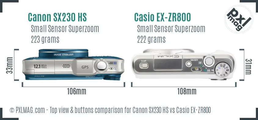 Canon SX230 HS vs Casio EX-ZR800 top view buttons comparison